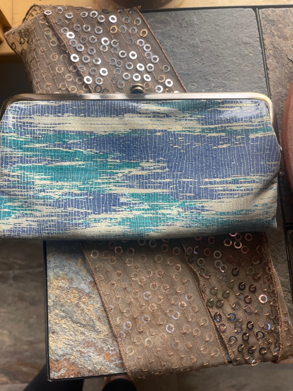 HOBO Teal, Blue & Cream Striated Frame Clutch